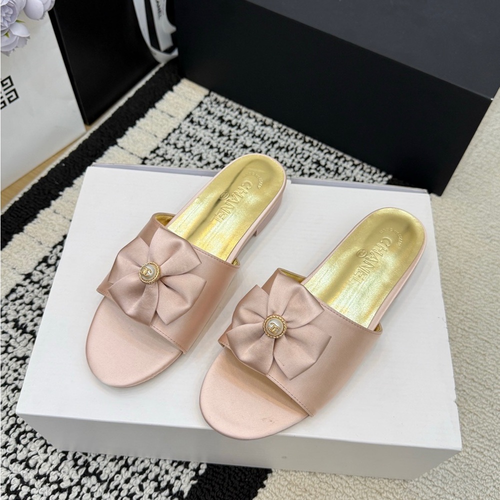 Authentic Chanel Light Pink Satin Bow Low-Heel Slides with Box